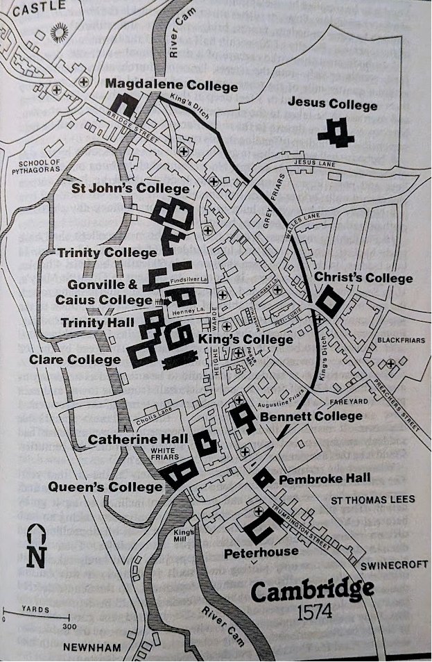 Map of Cambridge in 1574 showing the colleges, from the Museum of Cambridge