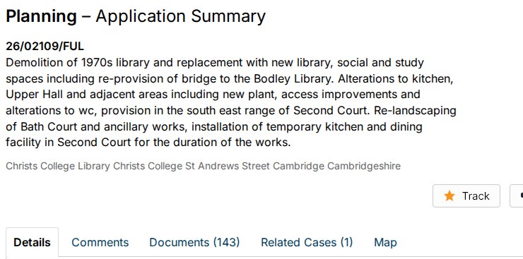 Application 26/02109/FUL summary page on the Greater Cambridge Planning portal