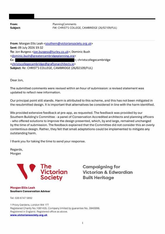Preview of The Victorian Society to the College's agent (26/02109/FUL)