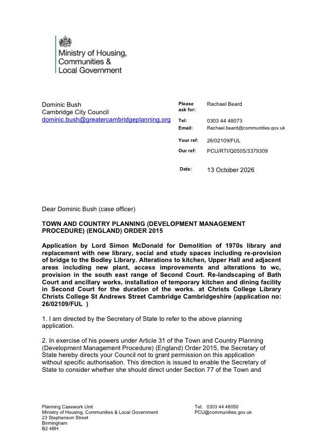 Preview of the Secretary of State’s direction of 13 October 2026 on application 26/02109/FUL